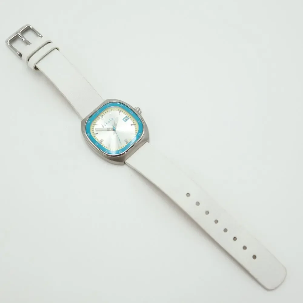 Dakota Unisex Silver Blue 35mm TV Date Dial Watch White Leather w New Battery